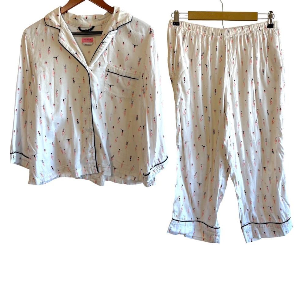 Kate Spade Size Medium White Pink Graphic Cropped Pajama Set Preppy Designer